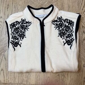 Susan Graver Women's XL Cream Embroidered Floral Sleeveless Zip Up Fleece Vest